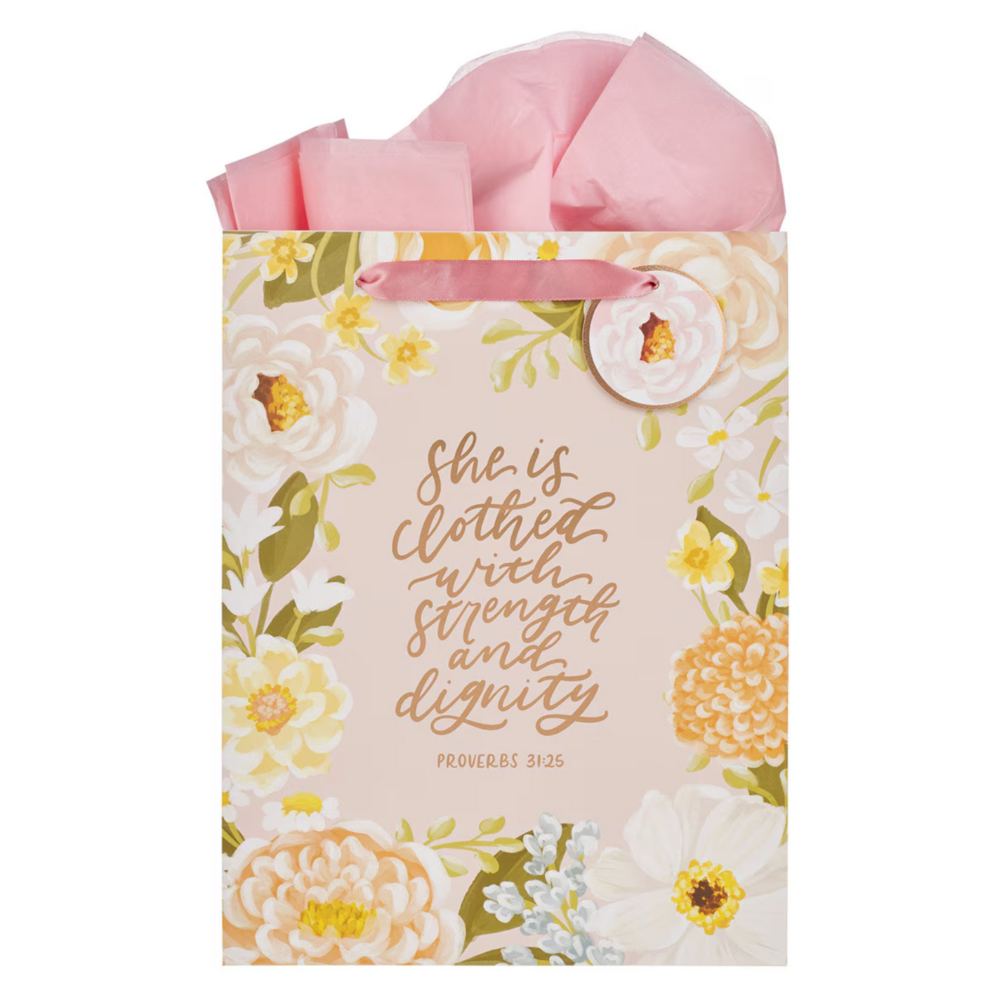 Strength and Dignity Pink Floral Large Portrait Gift Bag - Proverbs 31:25