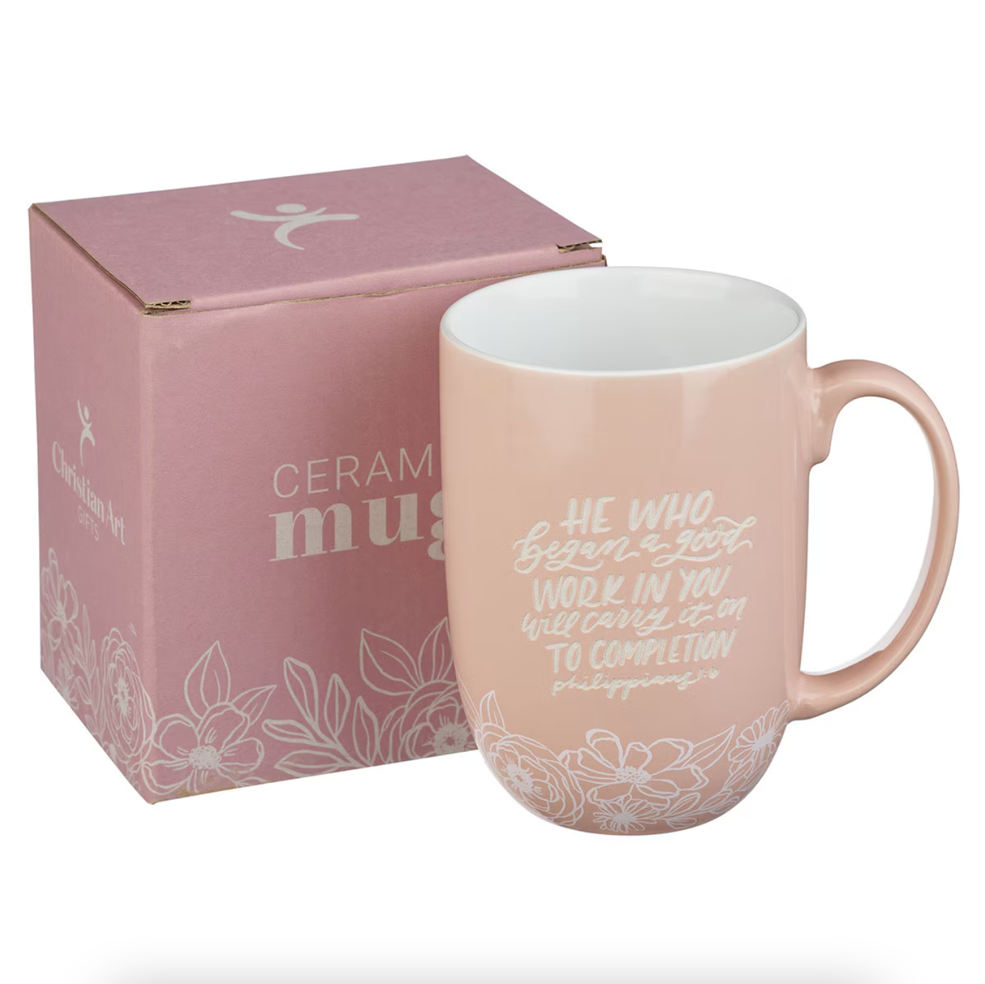 Good Work Pink Floral Ceramic Coffee Mug - Philippians 1:6