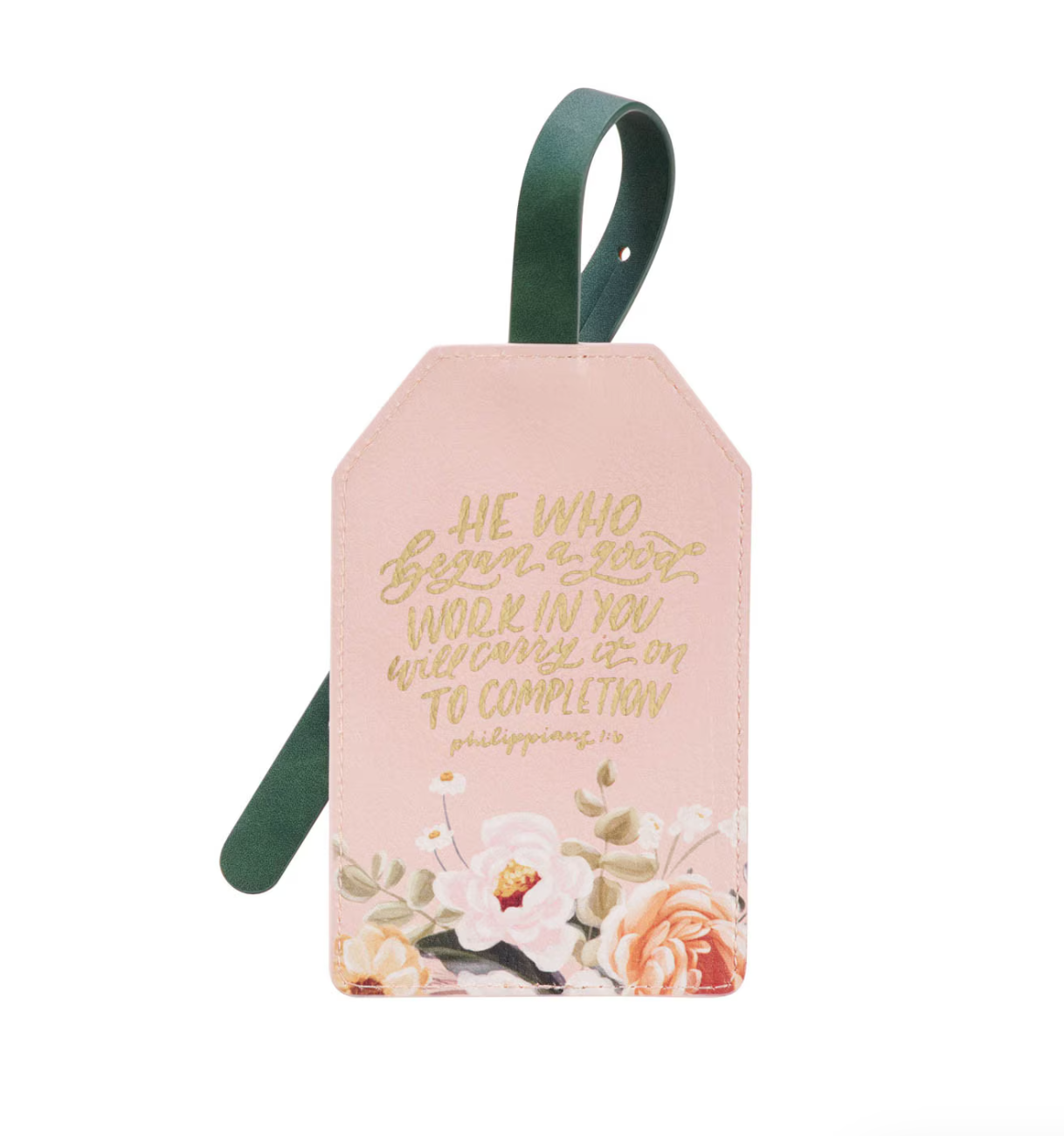 He Who Began a Good Work Pink Floral Faux Leather Luggage Tag - Philippians 1:6