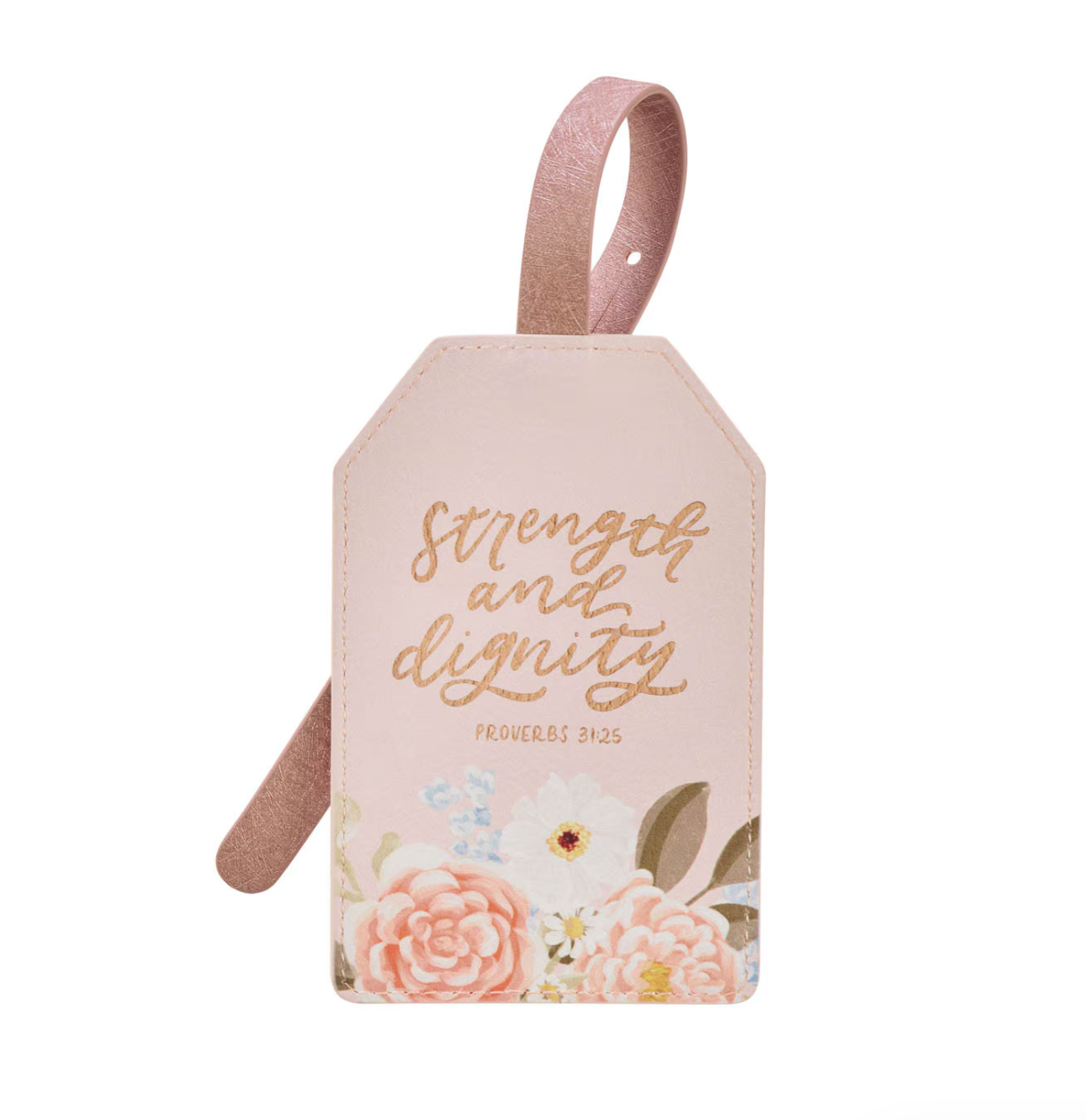 The Strength and Dignity Blush Pink Floral Faux Leather Luggage Tag - Proverbs 31:25