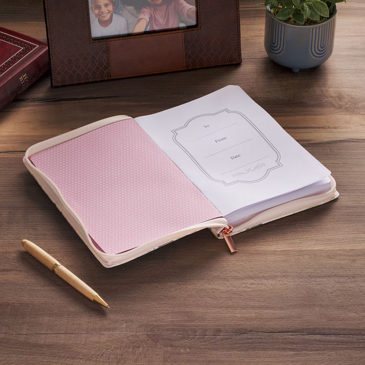 Strength and Honor Pink Floral Faux Leather Classic Journal with Zipper Closure - Proverbs 31:25
