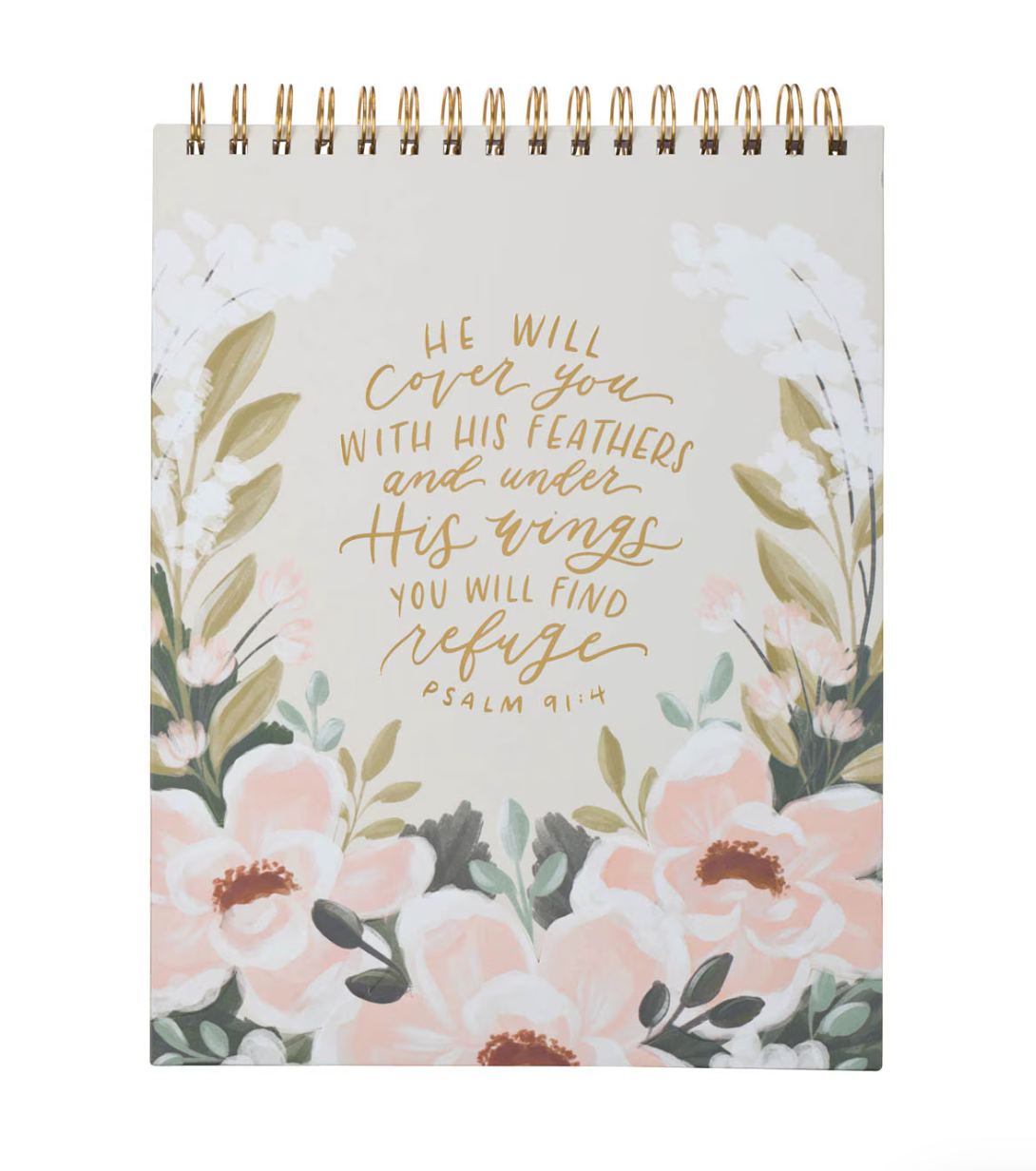 Under His Wings Green Floral Spiral Notepad - Psalm 91:4
