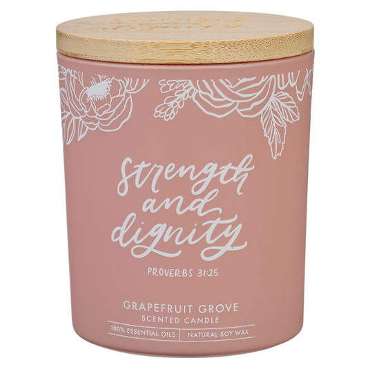 Strength and Dignity Grapefruit Scented Candle in a Peach Glass Jar- Proverbs 31:25