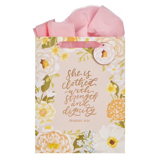 Strength and Dignity Pink Floral Large Portrait Gift Bag - Proverbs 31:25