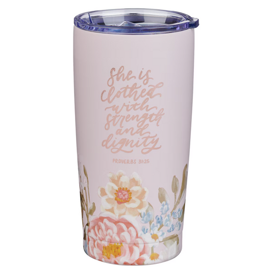 Strength and Dignity Pink Floral Stainless Steel Travel Tumbler - Proverbs 31:25