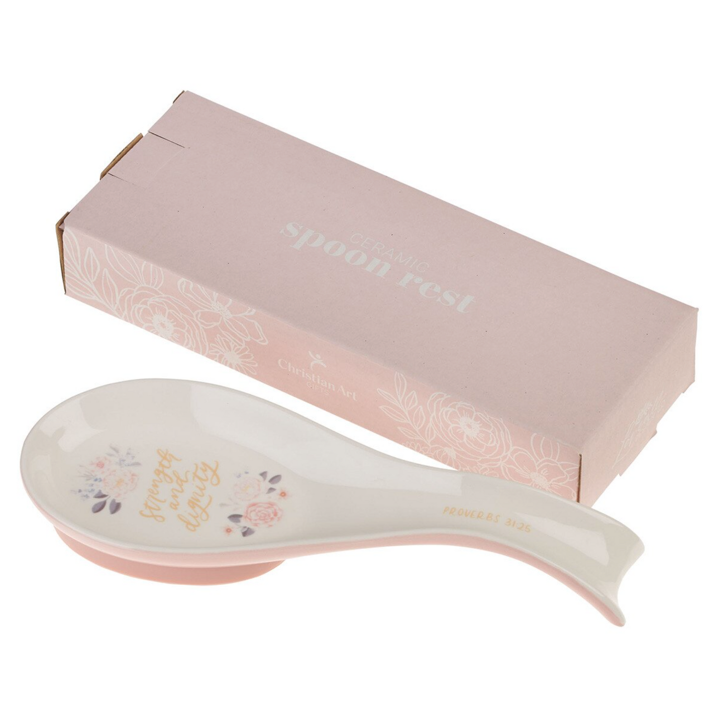 Strength and Dignity Pink Floral Ceramic Spoon Rest - Proverbs 31:25