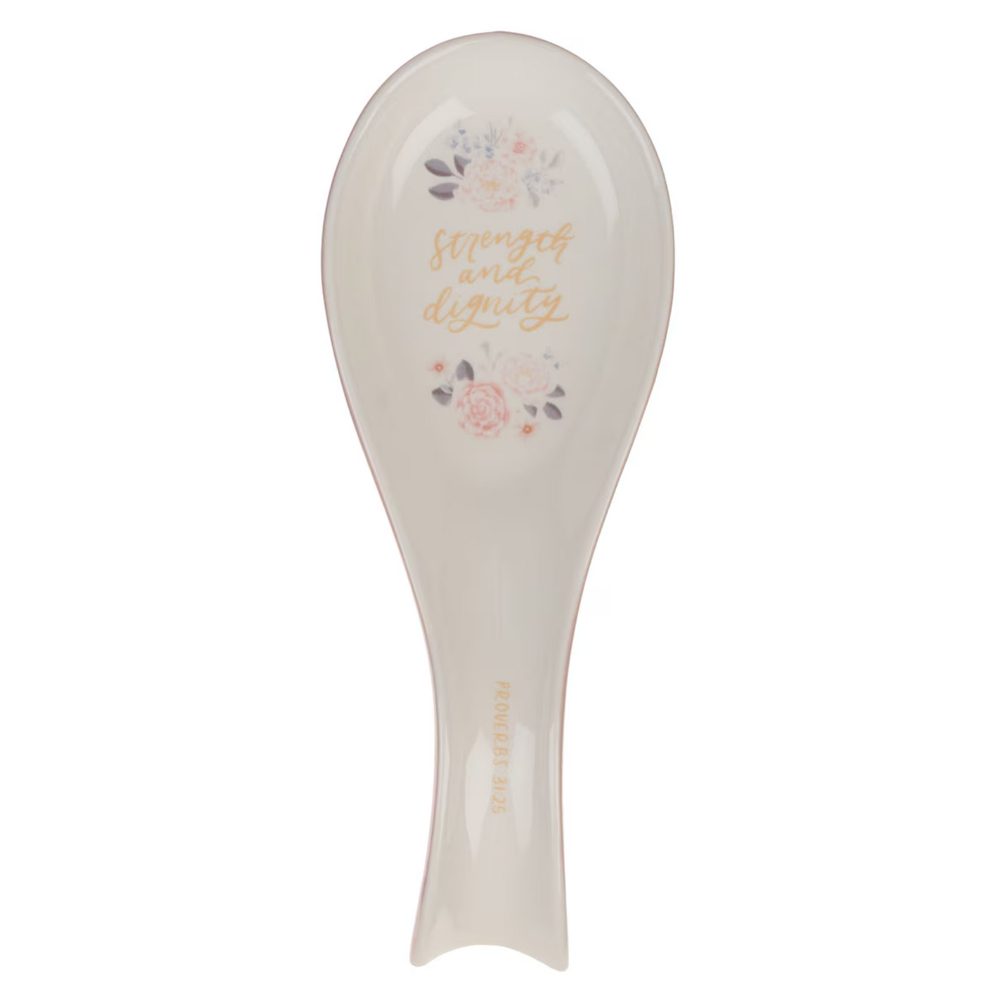 Strength and Dignity Pink Floral Ceramic Spoon Rest - Proverbs 31:25