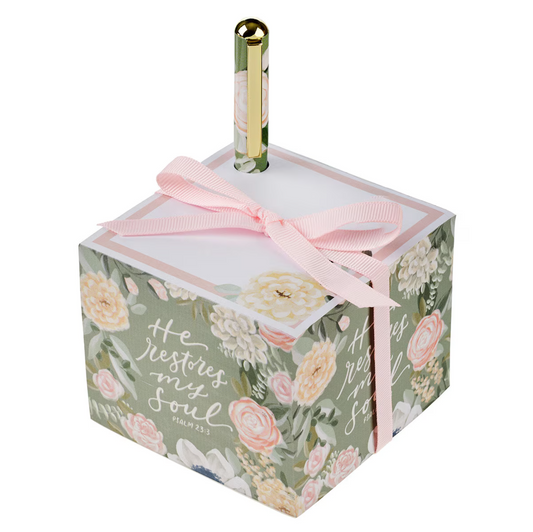 He Restores My Soul Green Floral Note Block and Pen Set - Psalm 23:3