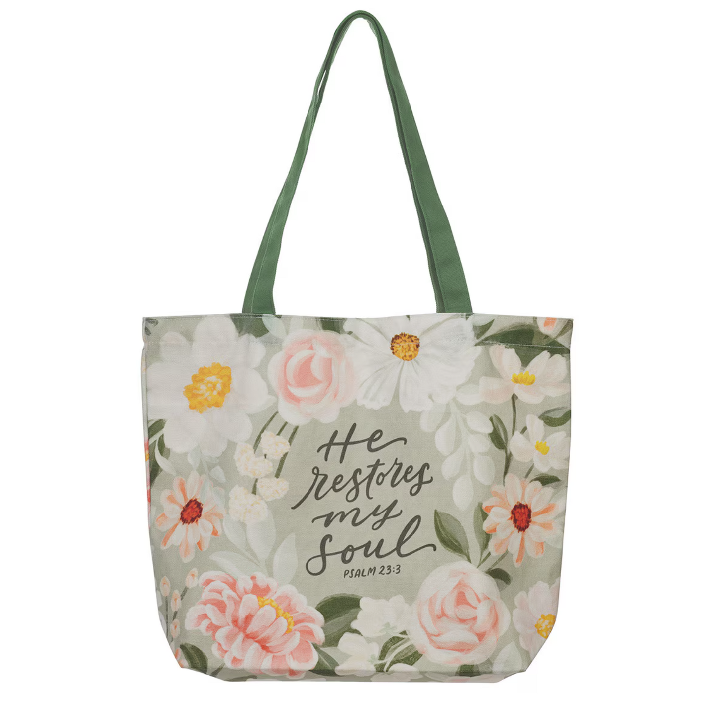 He Restores My Soul Green Floral Garden Tote Bag - Psalm 23:3