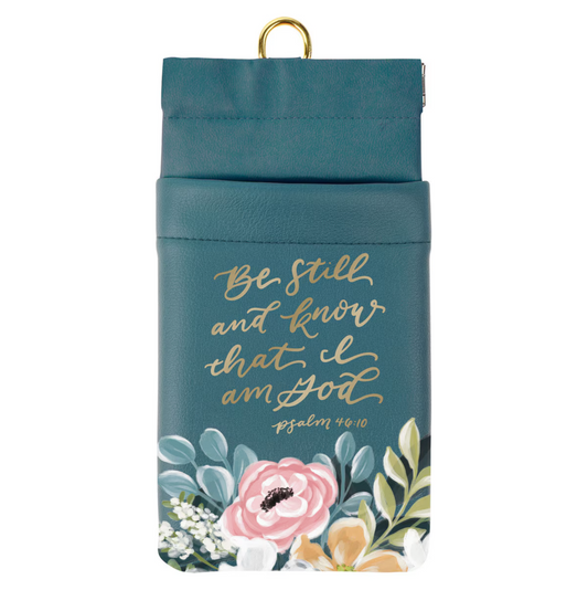 Be Still Teal Floral Faux Leather Double Eyeglass Case - Psalm 46:10