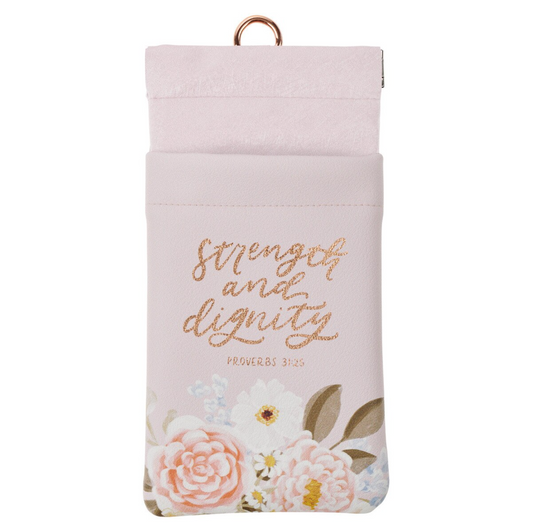 Strength and Dignity Pink Floral Faux Leather Double Eyeglass Case - Proverbs 31:25