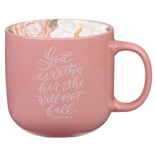 God Is Within Her Rose Pink Floral Ceramic Coffee Mug – Psalm 46:5