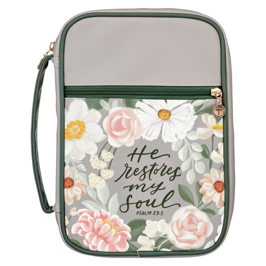 He Restores My Soul Gray Faux Leather Fashion Bible Cover - Psalm 23:3 - Medium Size