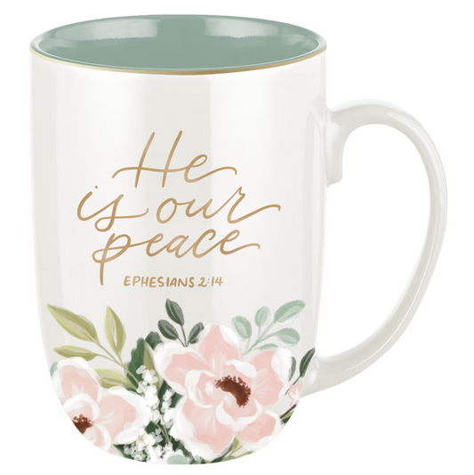 He Is Our Peace Green Floral Ceramic Coffee Mug – Ephesians 2:14