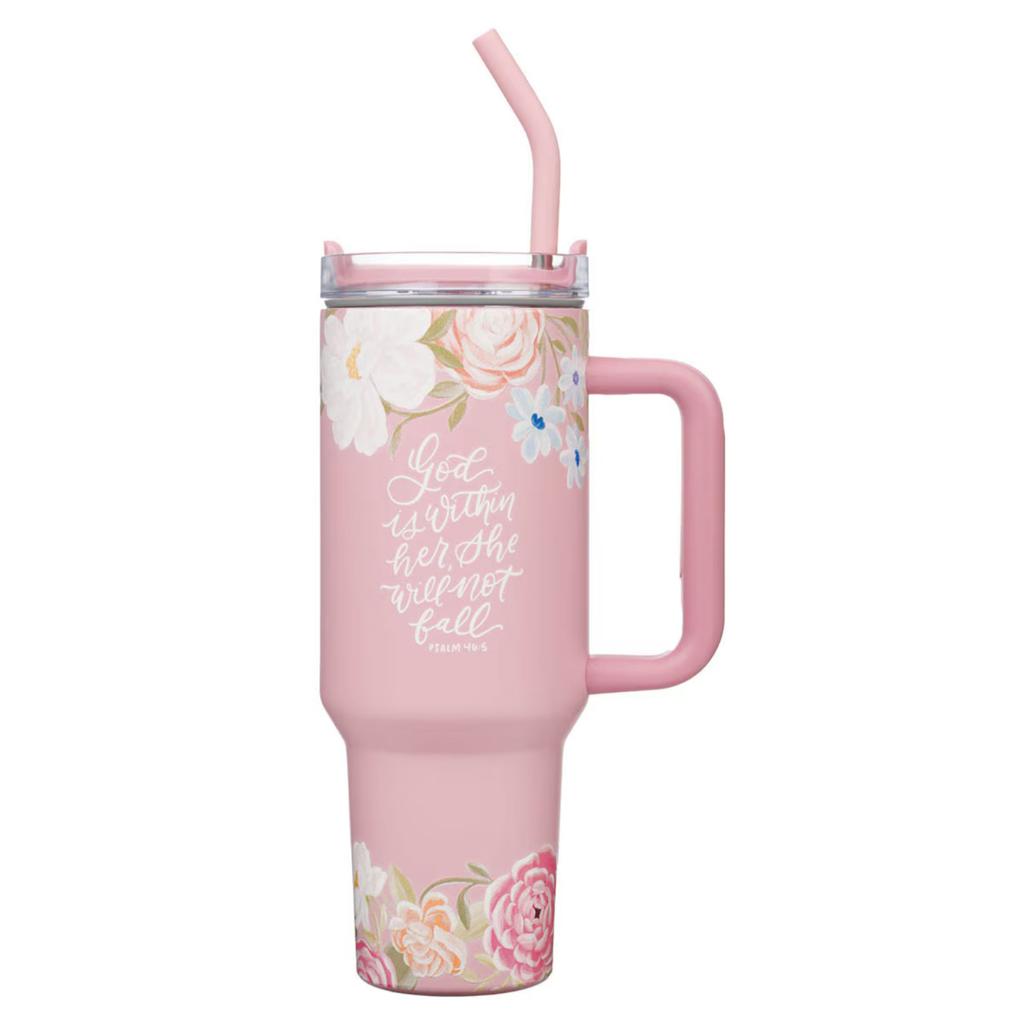 God is With Her Pink Floral 40 oz Stainless Steel Tumbler with Straw