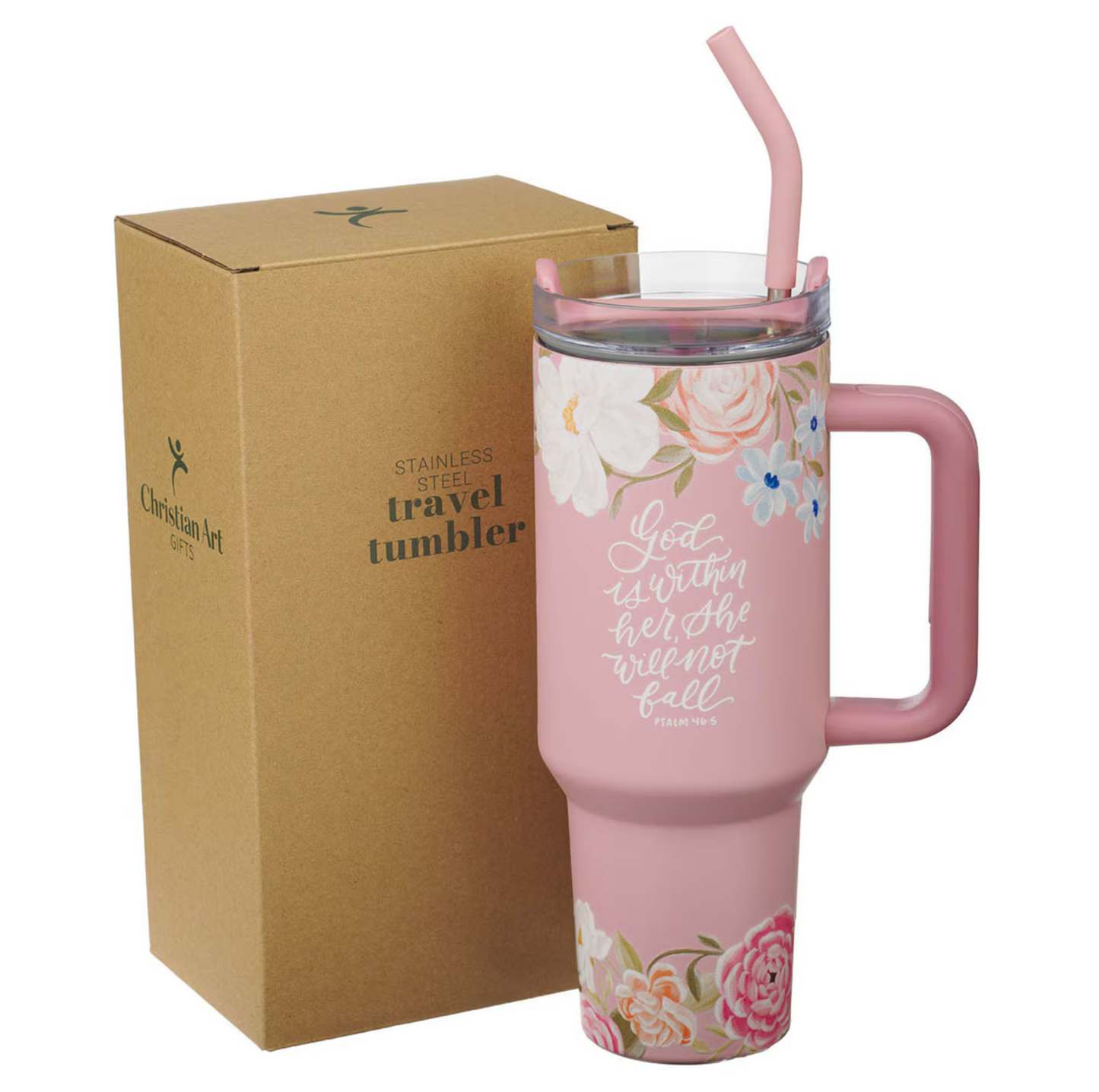 God is With Her Pink Floral 40 oz Stainless Steel Tumbler with Straw