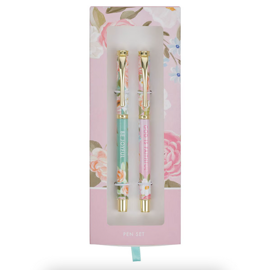 Joyful and Faithful Pink and Green Floral Pen Set