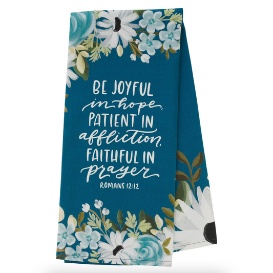 Be Joyful Blue Floral Cotton Tea Towel - Romans 12:12