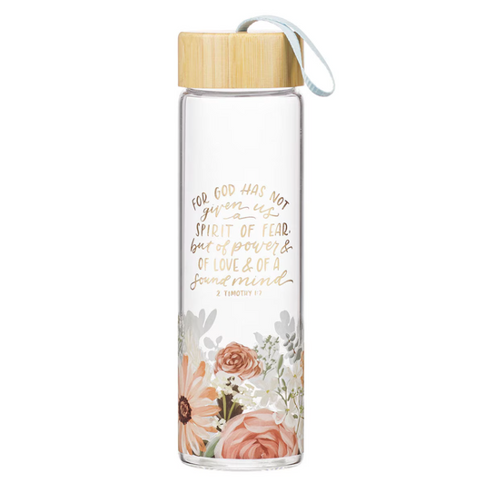 No Fear Pink Floral Glass Water Bottle with Bamboo Lid - 2 Timothy 1:7
